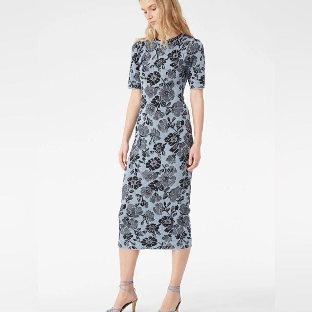 Rebecca Taylor Metallic Floral Lurex Jacquard Sheath Midi Dress Blue Black Large